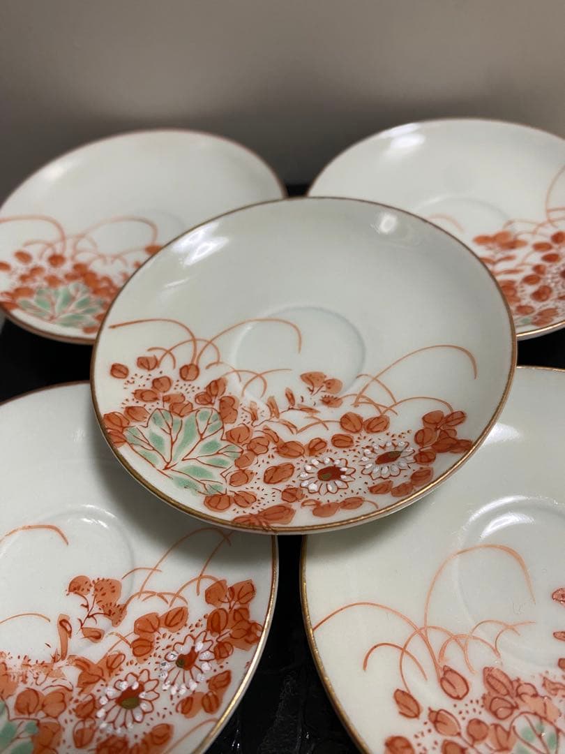 加賀　九谷焼　赤絵　骨董品　アンティーク　豆皿　7センチ　5枚セット