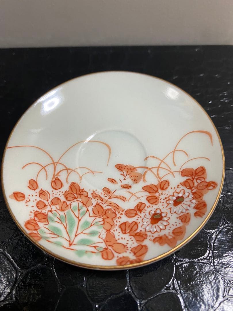 加賀　九谷焼　赤絵　骨董品　アンティーク　豆皿　7センチ　5枚セット