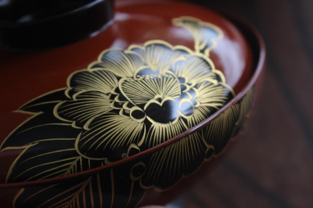 キズ有！上質朱漆に優美な牡丹沈金の映えるお椀2点（検輪島塗懐石椀蒔絵椀