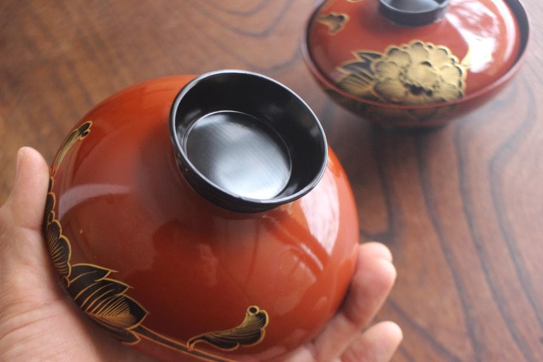 キズ有！上質朱漆に優美な牡丹沈金の映えるお椀2点（検輪島塗懐石椀蒔絵椀