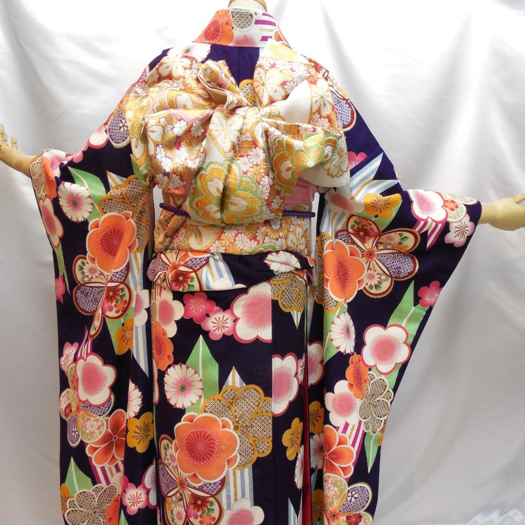 未使用品★洗える振袖　振袖フルセット　ポリ　成人式　振袖　M～Ｌサイズ　紺　花柄