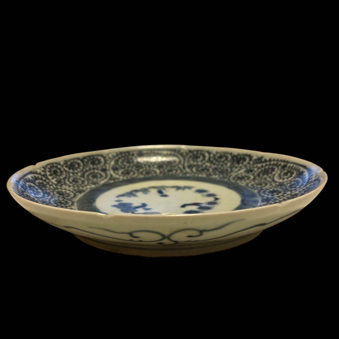 伊万里 有田 染付 印判手 輪花皿 蛸唐草 花丸繋ぎ 見返し蓮弁 見込 四君子