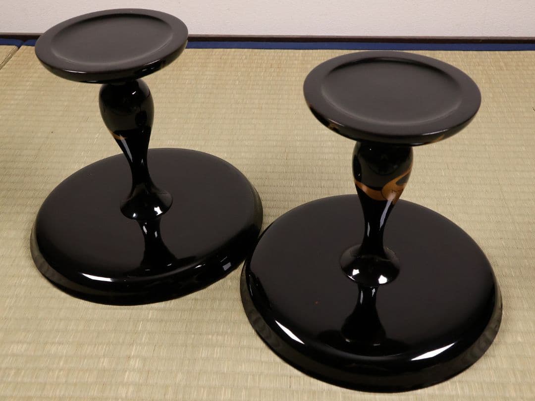 波に鶴 金銀蒔絵 高月一対 木箱 木製漆器 高坏 高槻 菓子器 【MA743】