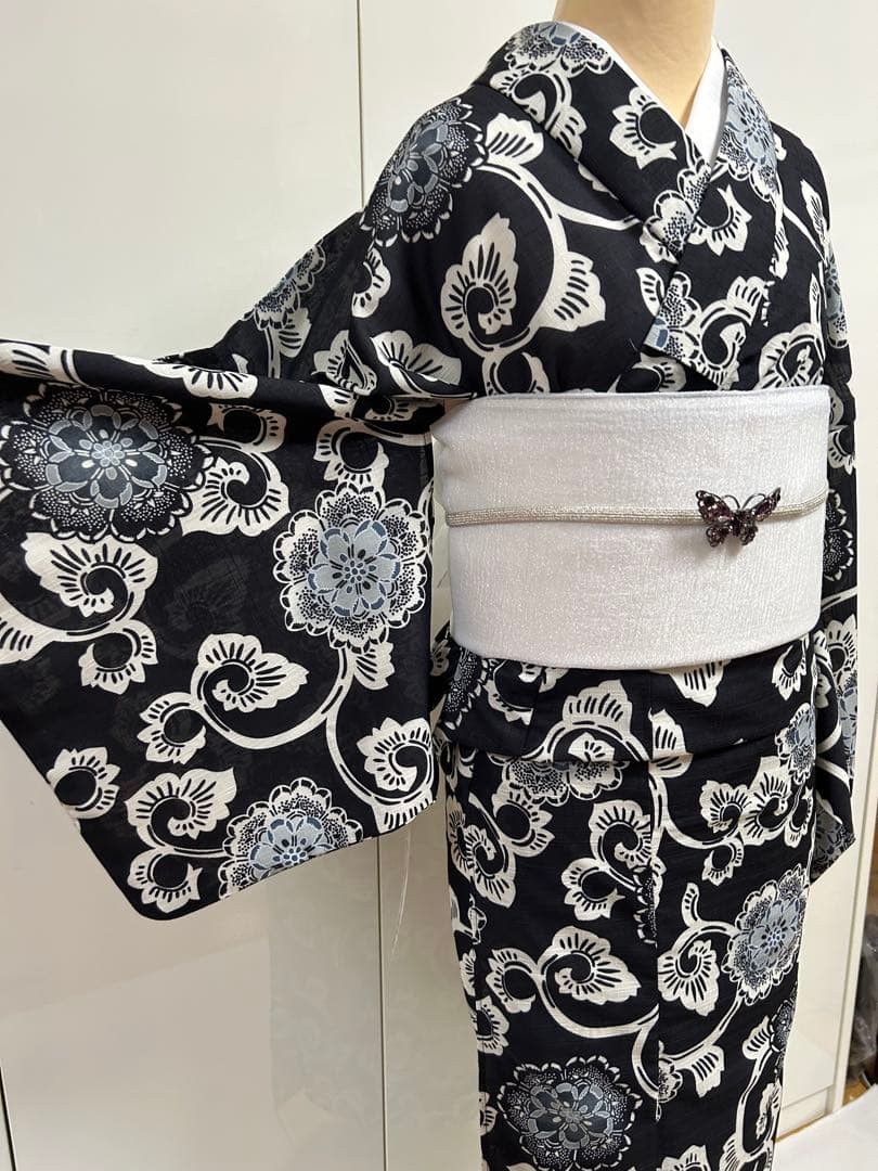 黒地の浴衣 L ゆかた ユカタ 自宅で洗えるゆかた ブラック 浴衣単品販売