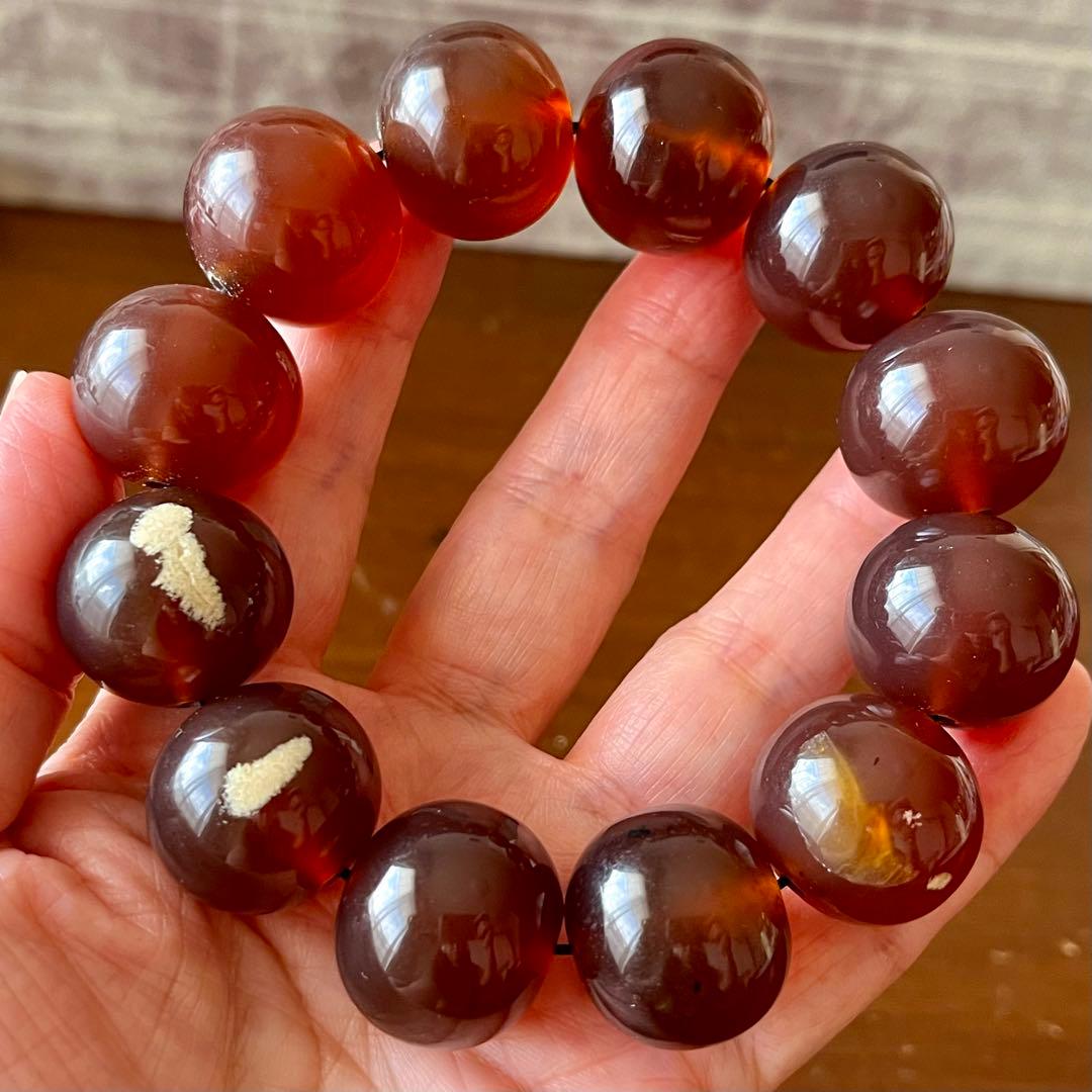 琥珀 20mm レッド ブルーアンバー ミルキー花琥珀 希少 巨大 ブレスレット