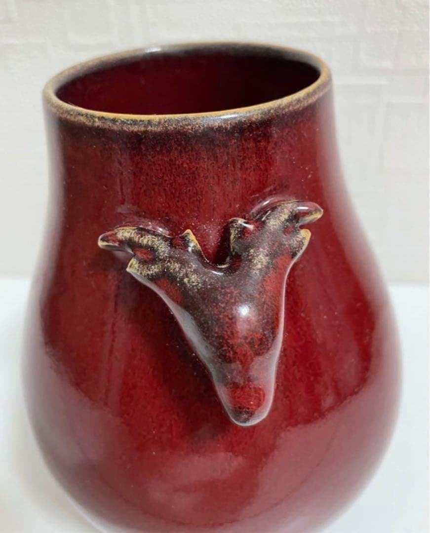 中国 骨董品 清时代 祭紅釉鹿耳尊 本物 アンティーク 紅釉 赤釉 唐物古玩