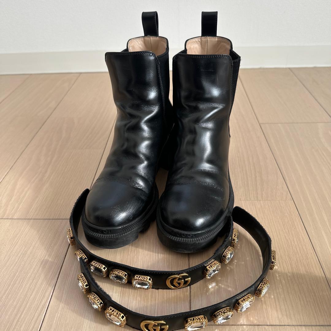 GUCCI GGマーモント　レザー　サイドゴア　ビジュー　22.5cm