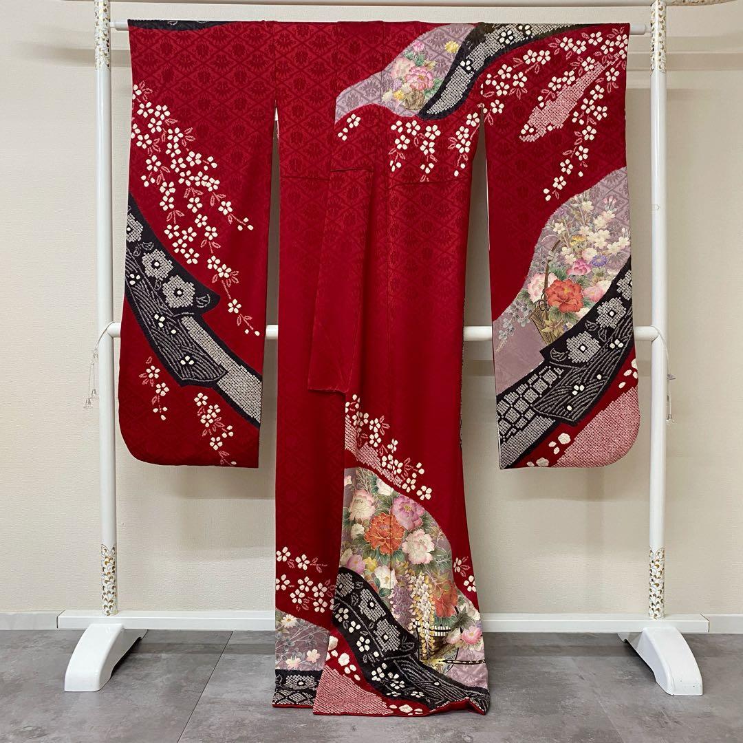 ⭐︎K0627 正絹 振袖 レンタル店放出品 赤 ガード加工 花柄 13号