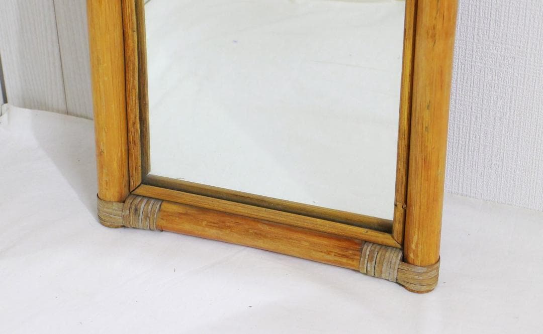 籐ラタン 大型ミラー 鏡 壁掛け アーチ型 全身 姿見 アンティーク