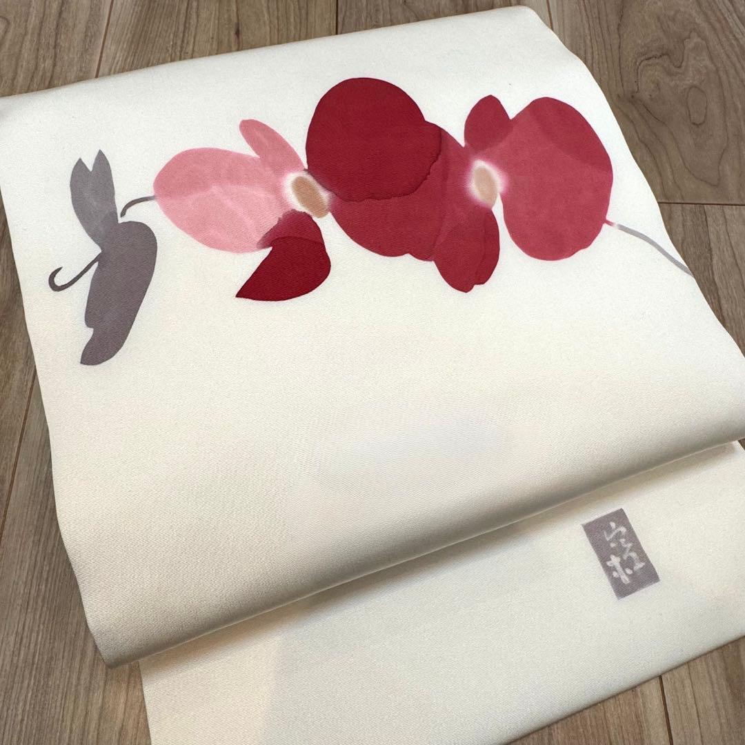 超美品　正絹　九寸　名古屋帯　着物　高久空木　白　赤　ピンク　蘭　374