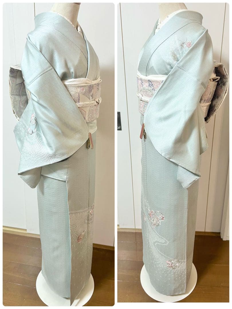 美品　水色　汕頭刺繍　正絹訪問着　フルセット4点　卒業式　入学式　七五三