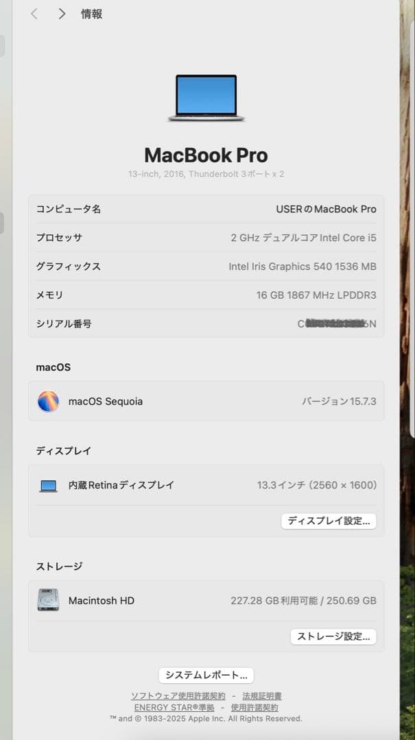 【美品】MacBook Pro 13\" A1708 シルバー　バッテリー交換済