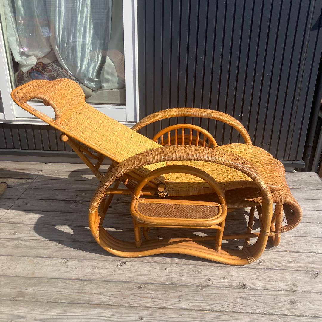 昭和レトロ ラタンリクライニングチェア オットマン付き 1人掛けソファー 古家具