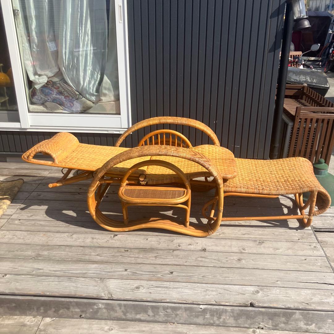 昭和レトロ ラタンリクライニングチェア オットマン付き 1人掛けソファー 古家具