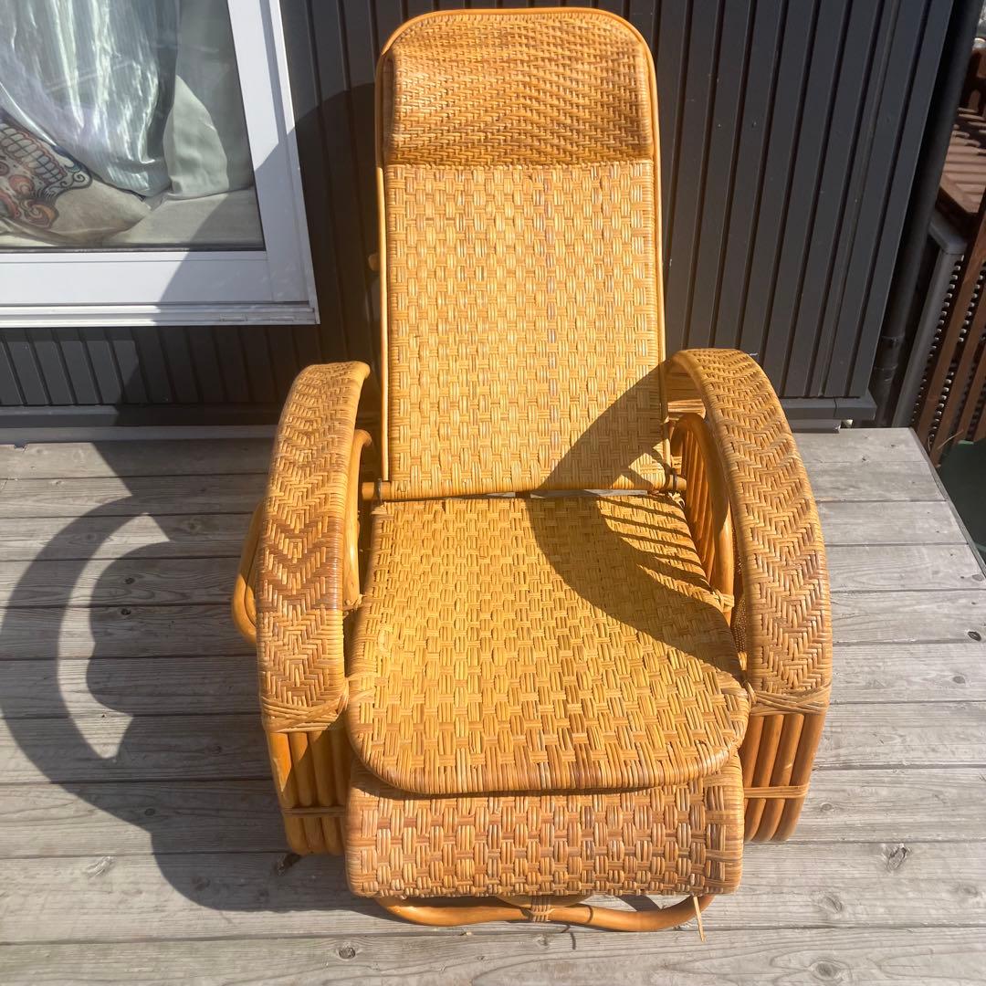 昭和レトロ ラタンリクライニングチェア オットマン付き 1人掛けソファー 古家具