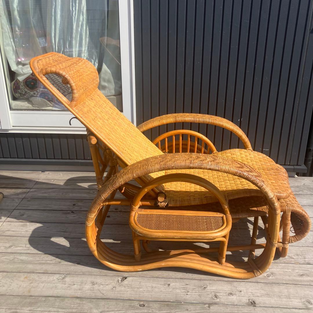 昭和レトロ ラタンリクライニングチェア オットマン付き 1人掛けソファー 古家具