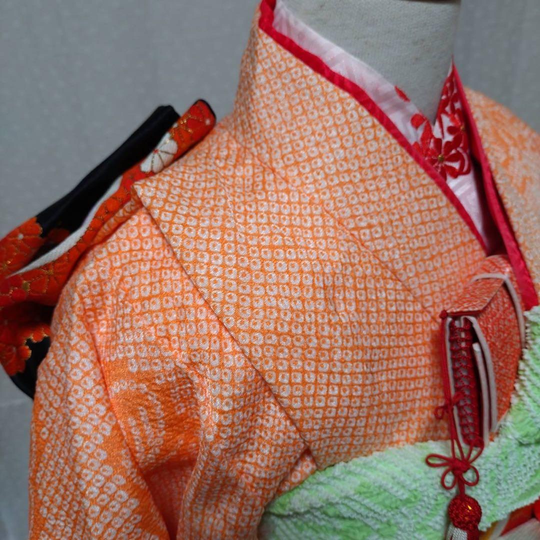 七五三　7歳　着物セット　豪華総絞り風柄　 長襦袢、袋帯、小物セット18ー11