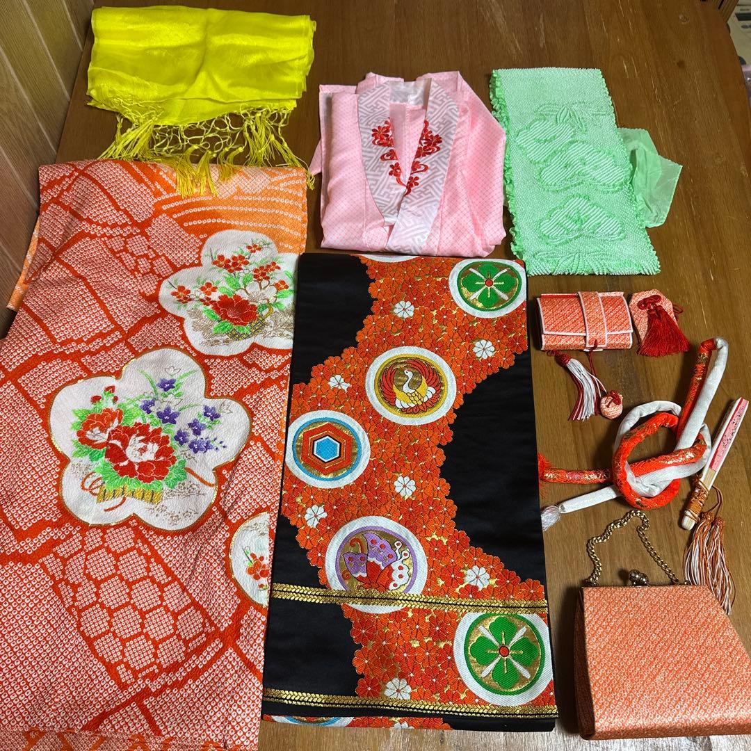 七五三　7歳　着物セット　豪華総絞り風柄　 長襦袢、袋帯、小物セット18ー11