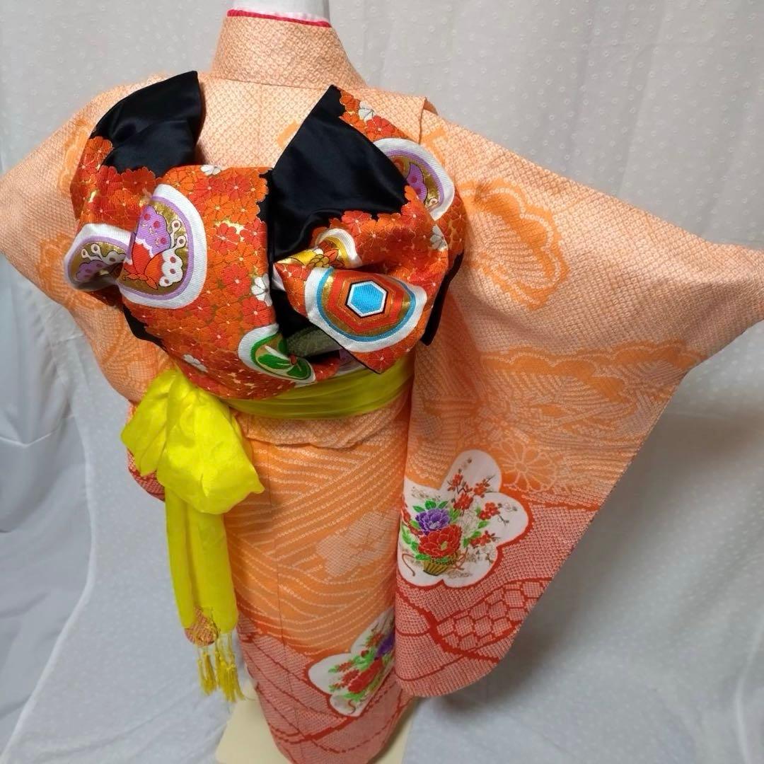 七五三　7歳　着物セット　豪華総絞り風柄　 長襦袢、袋帯、小物セット18ー11