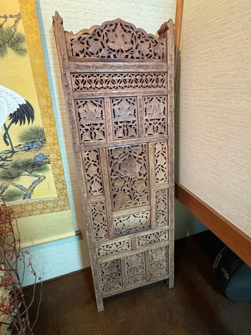 アジアン家具　4連パーテーション　衝立　透かし　アンティーク