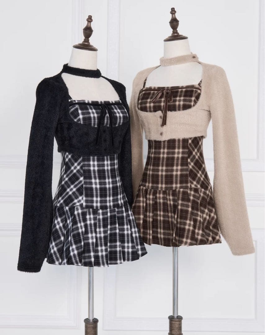 【美品 着用１回のみ】BunnyLisファーボレロ×チェックミニワンピ ブラック