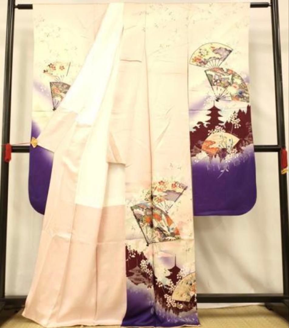 振袖 フルセット6点サイズM〜Ｌ扇子御所車鶴文　暈し染め　金糸　銀彩　正絹