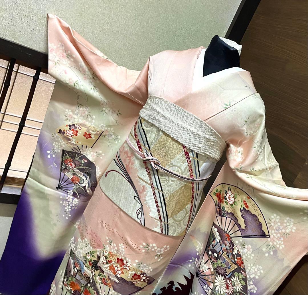 振袖 フルセット6点サイズM〜Ｌ扇子御所車鶴文　暈し染め　金糸　銀彩　正絹