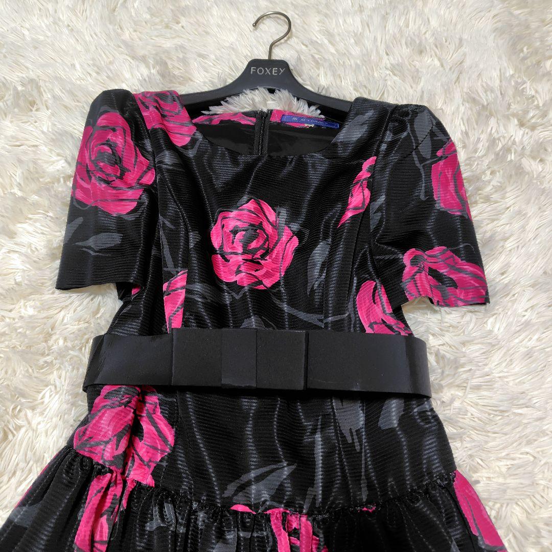 【美品♡ふんわりバルーン】エムズグレイシー　ローズ×リボンベルトワンピース　黒