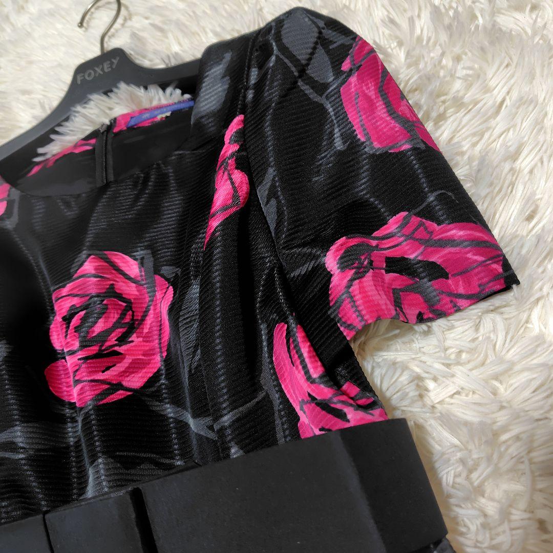 【美品♡ふんわりバルーン】エムズグレイシー　ローズ×リボンベルトワンピース　黒