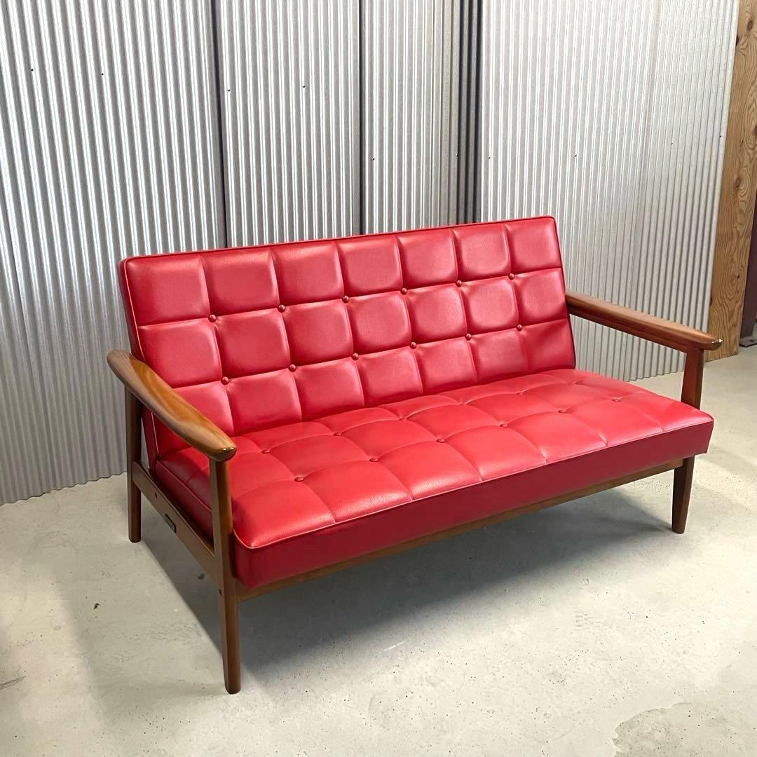 【カリモク60】Kチェア 2シーター 張り替え レッド ビンテージ ソファ