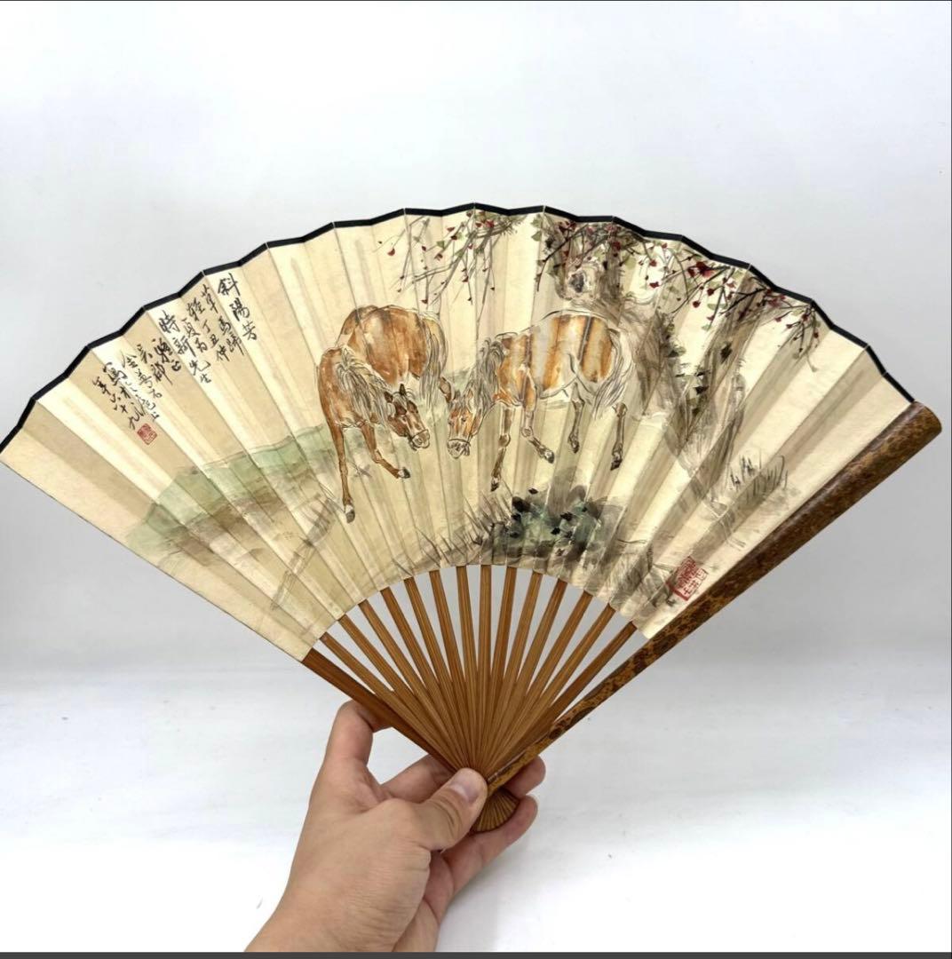 時代物 旧家整理品 扇子 斑竹扇骨 紙本肉筆 金夢石在銘、在印有り 古物保証