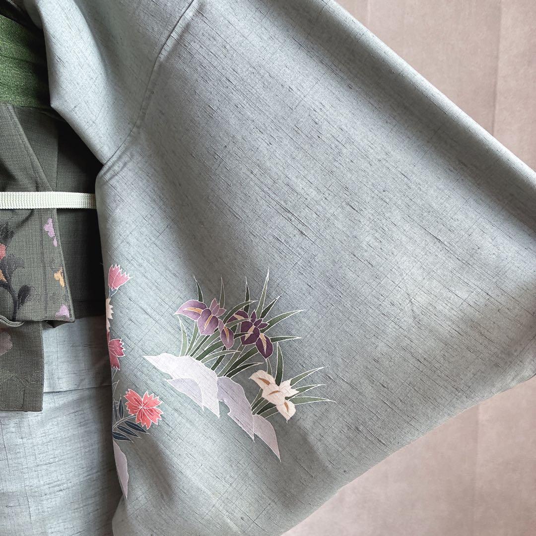 訪問着　フルセット　着物　正絹　紬　四季草花　風情　N1