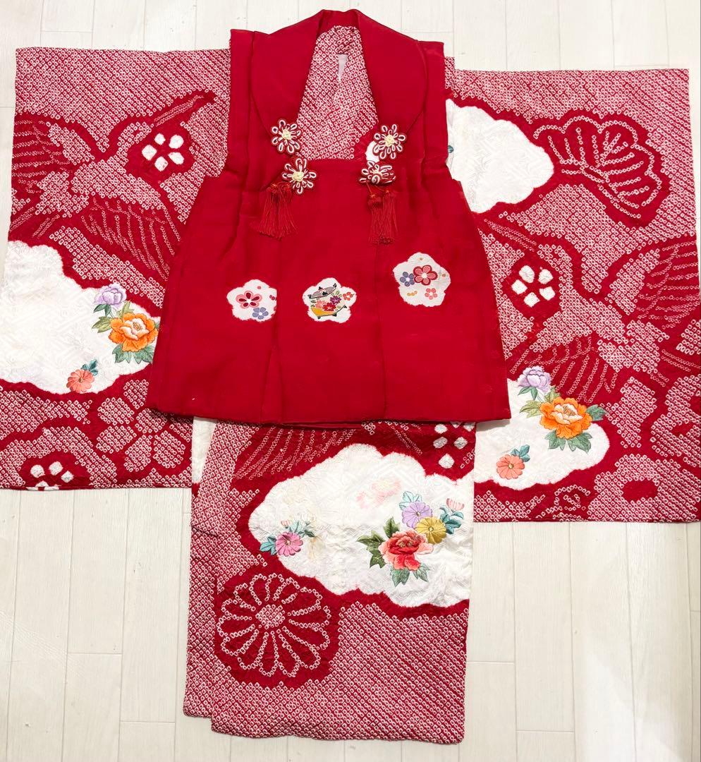 鶴　総絞り　正絹　七五三　３歳　被布　フルセット　一つ身