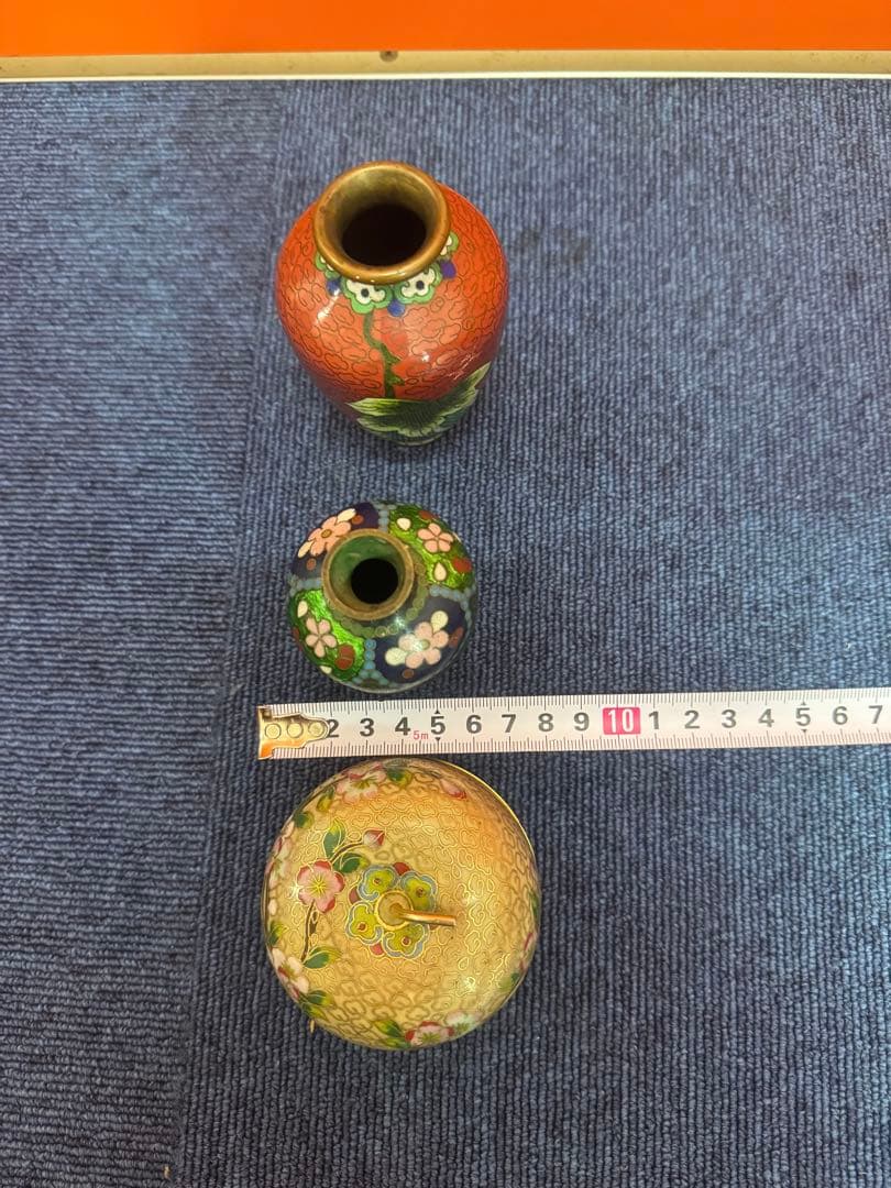 1822  七宝焼　景泰藍　花瓶2客　りんご型蓋物1客