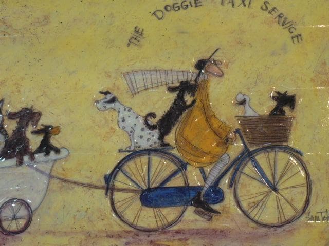 癒し　絵画★サムトフト アートフレーム「いぬタクシー」★【 動物＆癒しアート】