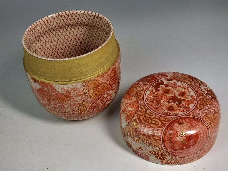 ☆ 福島武山 作 赤繪琴高仙人文 棗 九谷佐野窯盃 共箱 ☆A10