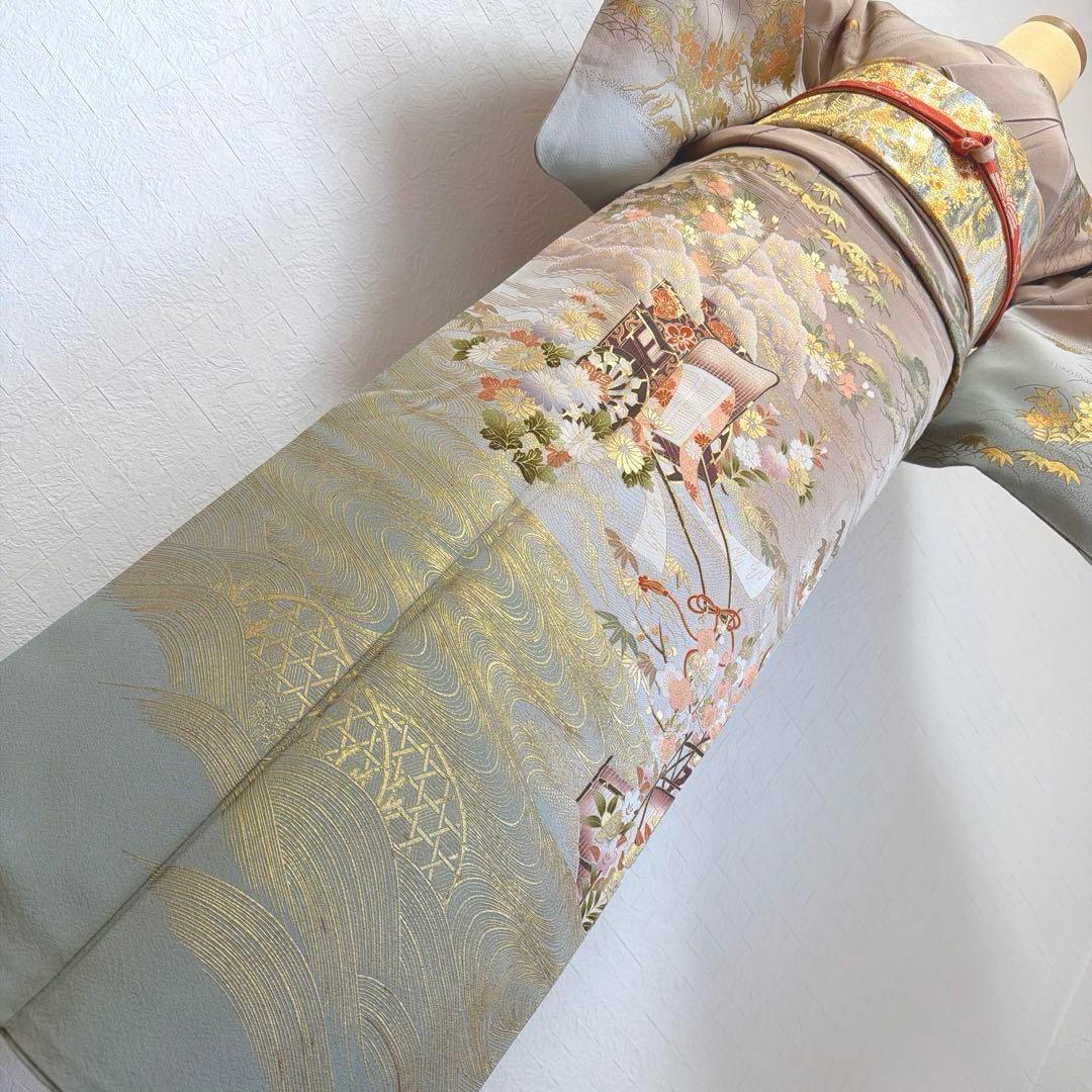 498 訪問着フルセット 正絹 一つ紋 ベージュ グレージュ 金彩 暈し染め