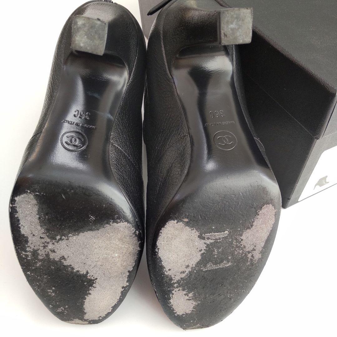 美品 シャネル リボン ココマーク ベロア ショートブーツ レザー ブラック