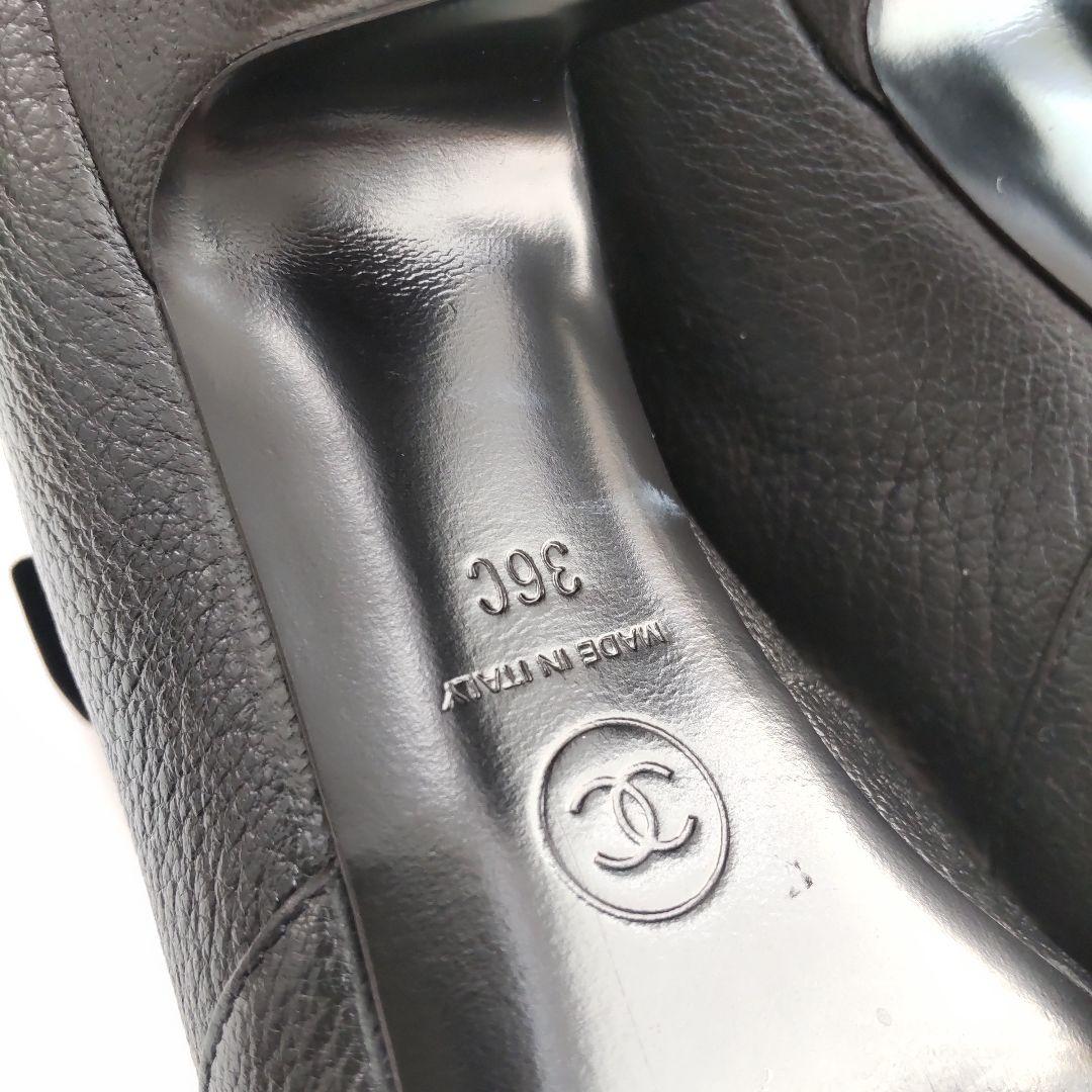 美品 シャネル リボン ココマーク ベロア ショートブーツ レザー ブラック