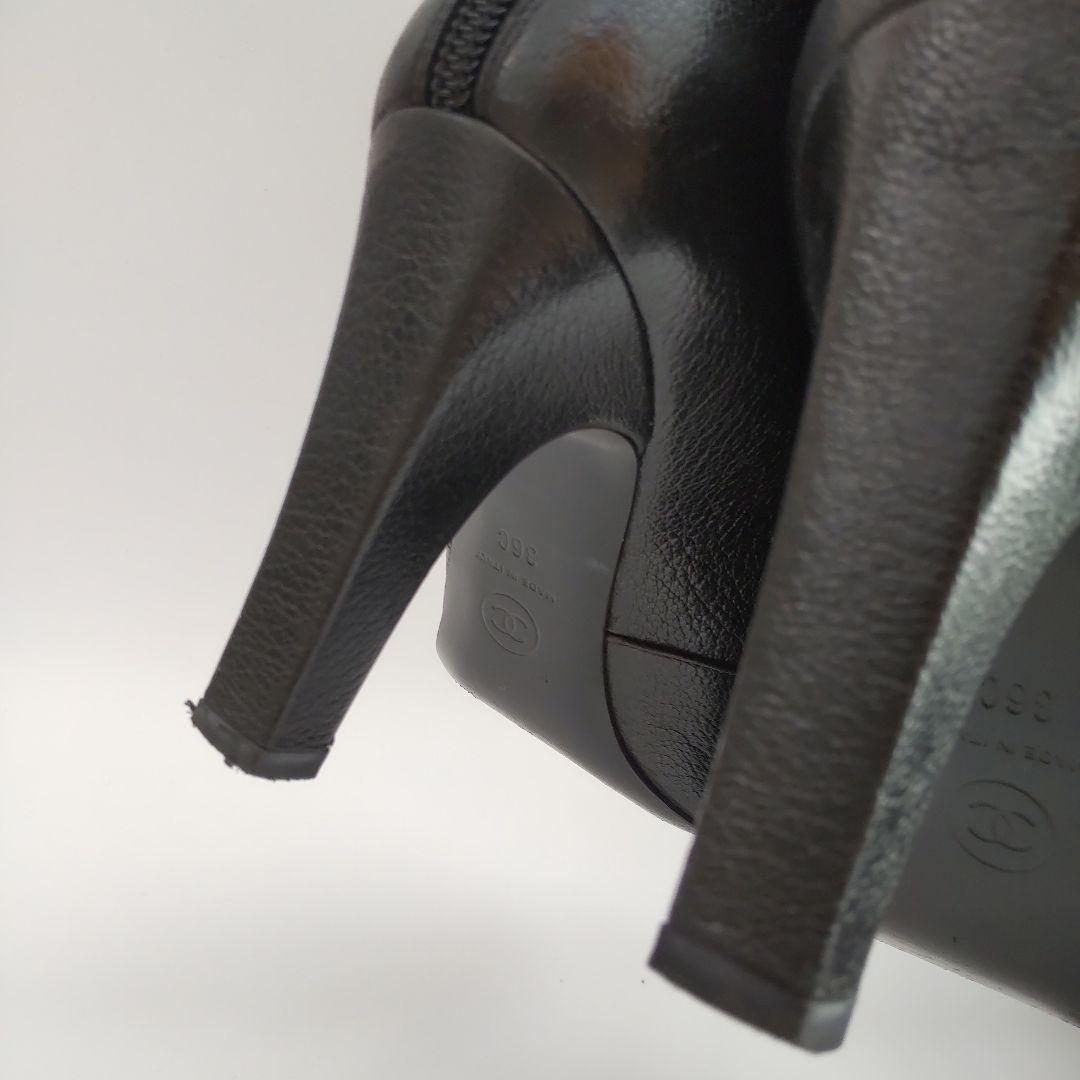 美品 シャネル リボン ココマーク ベロア ショートブーツ レザー ブラック