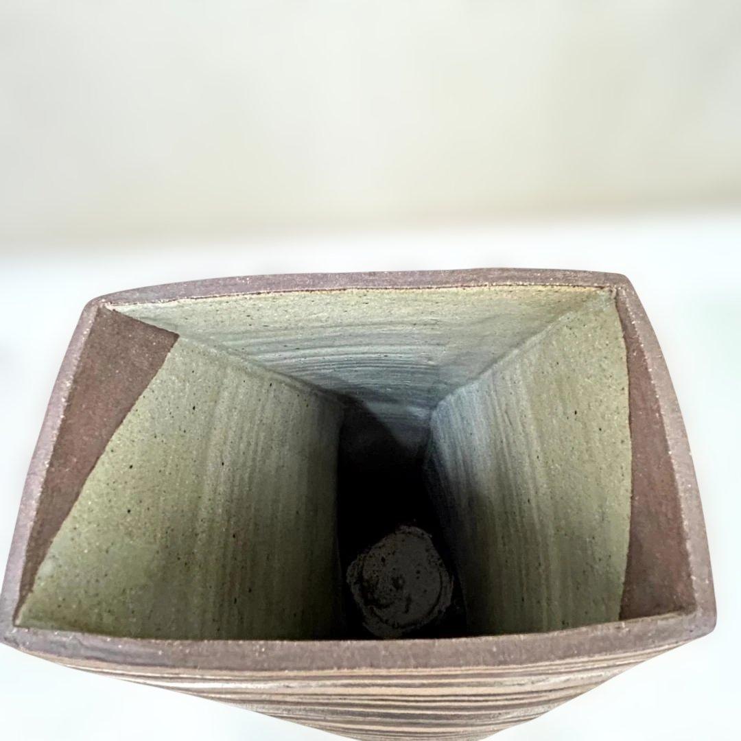 植松隆　『彩泥線紋四角扁器』　美術品　陶芸　作家物　桐箱入り