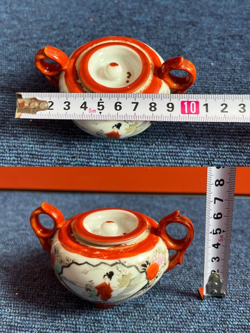1381 明治期　九谷焼　赤絵人物風景図　シュガーポット　時代物