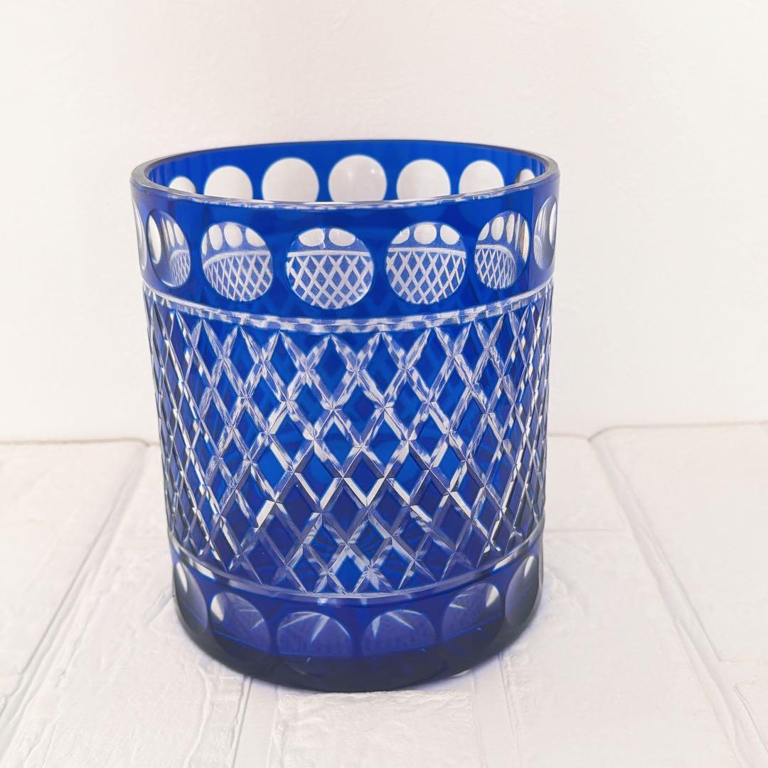 【美品】　江戸切子ガラス　瑠璃色 水指 / 茶道具 ふた、共箱付き　水差し