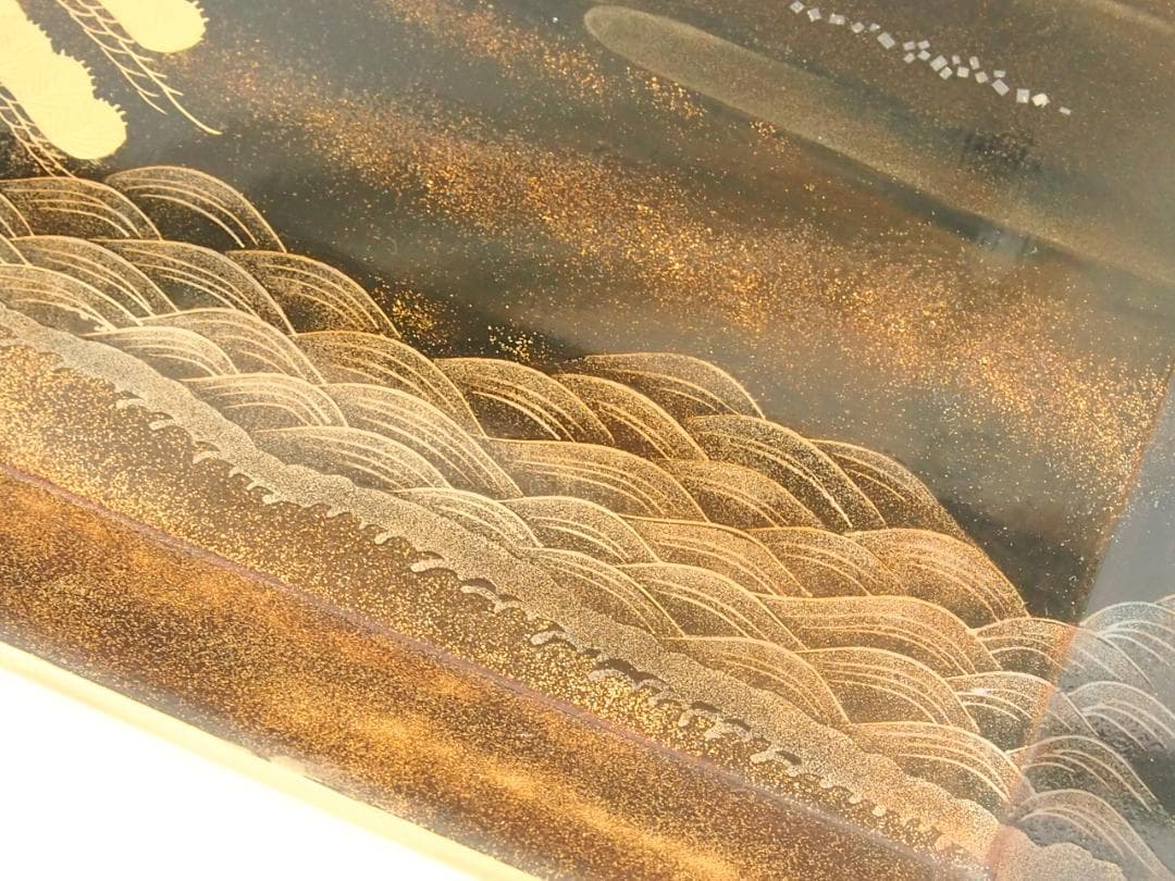 【骨董・良品】山水蒔絵 手付き盆 大小2点 三保の松原の図 古道具 検:輪島塗