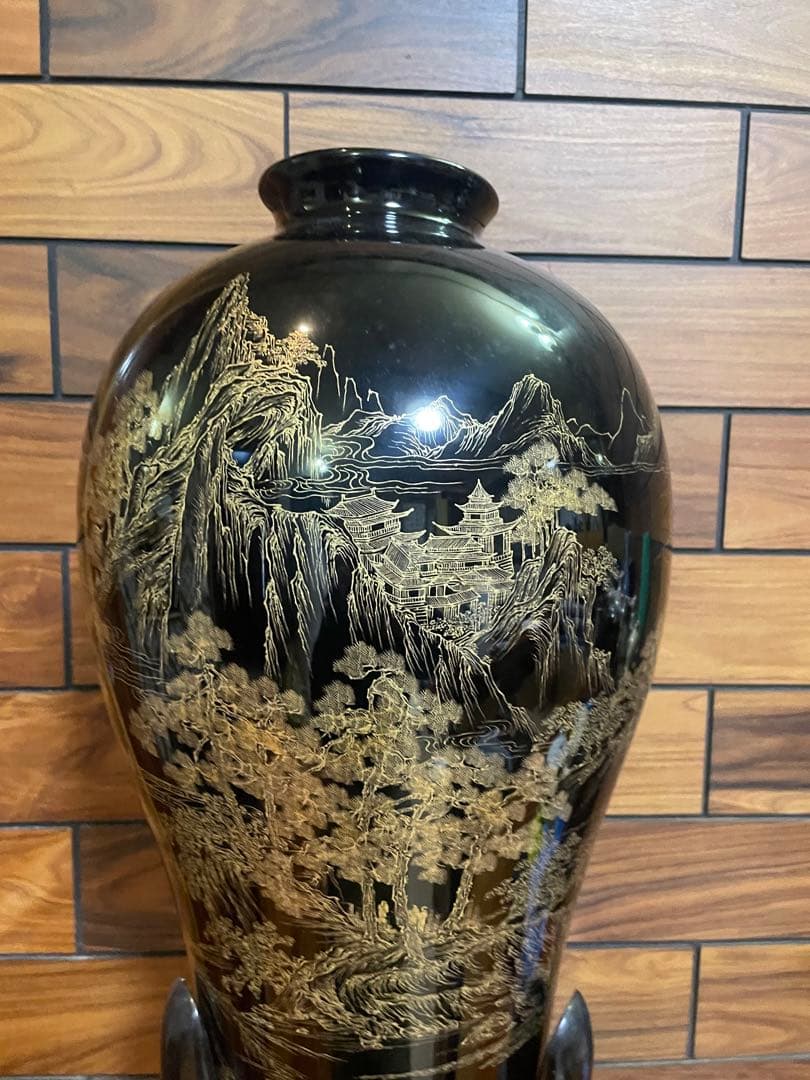 中国古玩　福建漆器 金彩画　大花瓶　台付