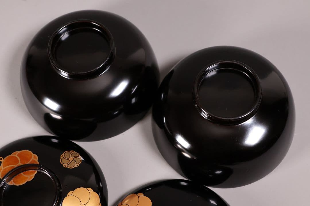 漆芸 木製漆器 捻り梅 金蒔絵 黒塗 御椀 二客 茶懐石道具【MA774】