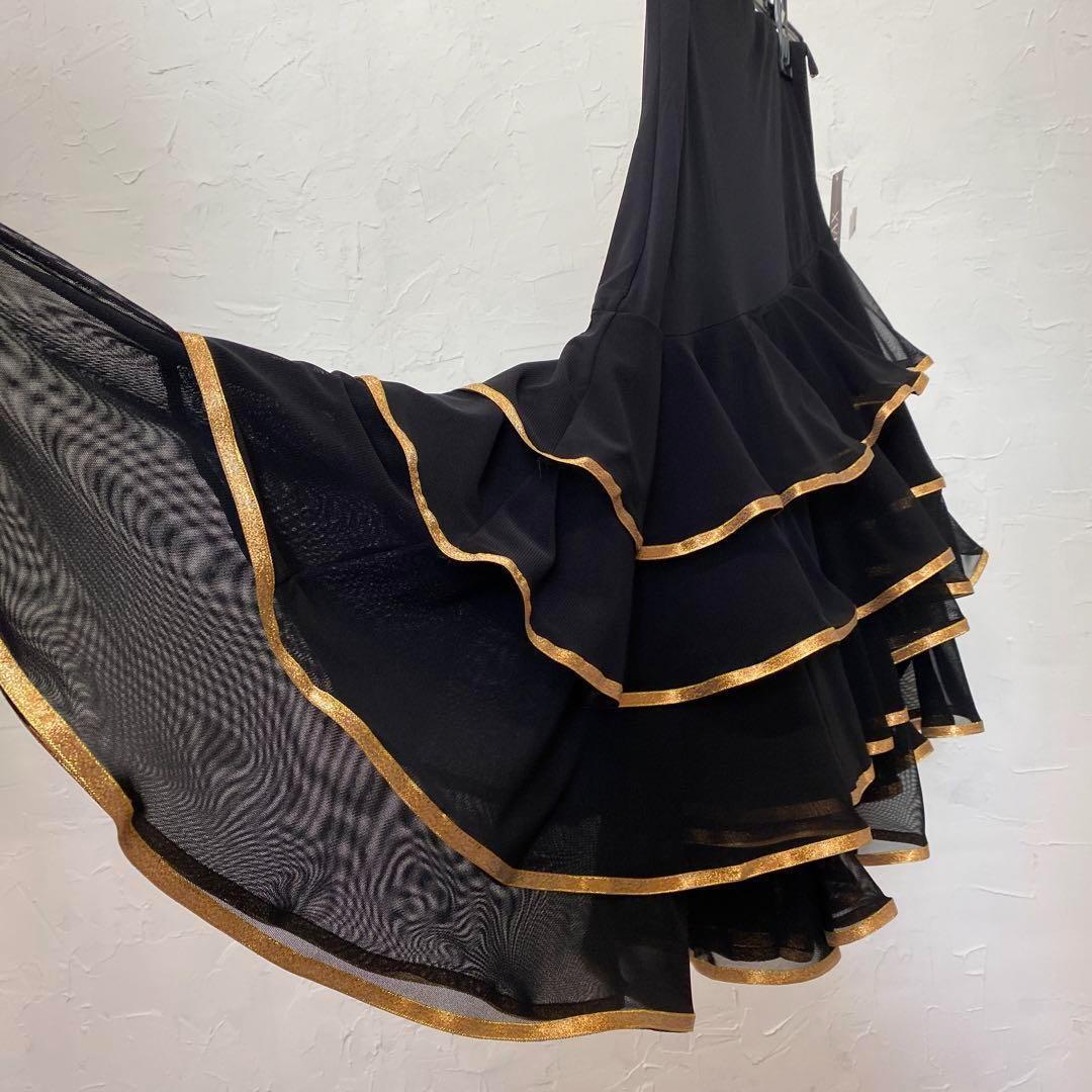 【豪華】新品　段々フリル　裾ゴールデンラメリボン　ラテンスカート黒ｐ3235