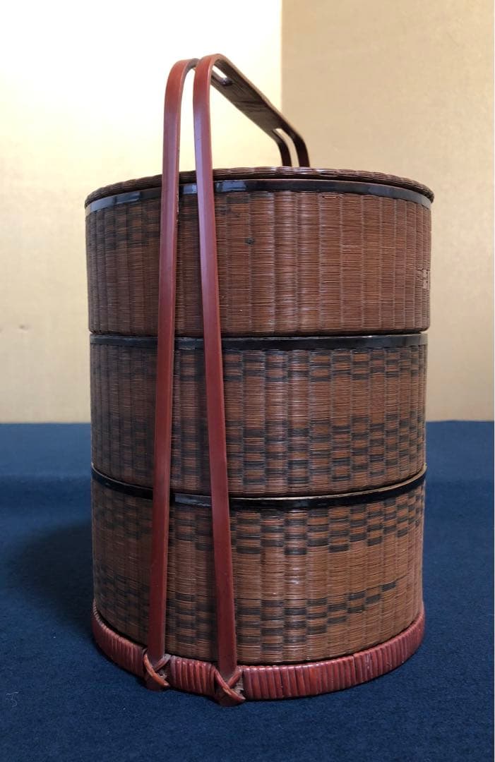 《レ》時代 煎茶 竹編 提籃 三段籠 提げ籠 茶籠 網代 木箱　251030う2