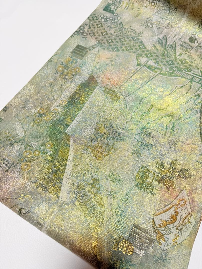 美品 高級 袋帯 正絹 全通柄 リバーシブル 両面 名門西陣 あさぎ フォーマル