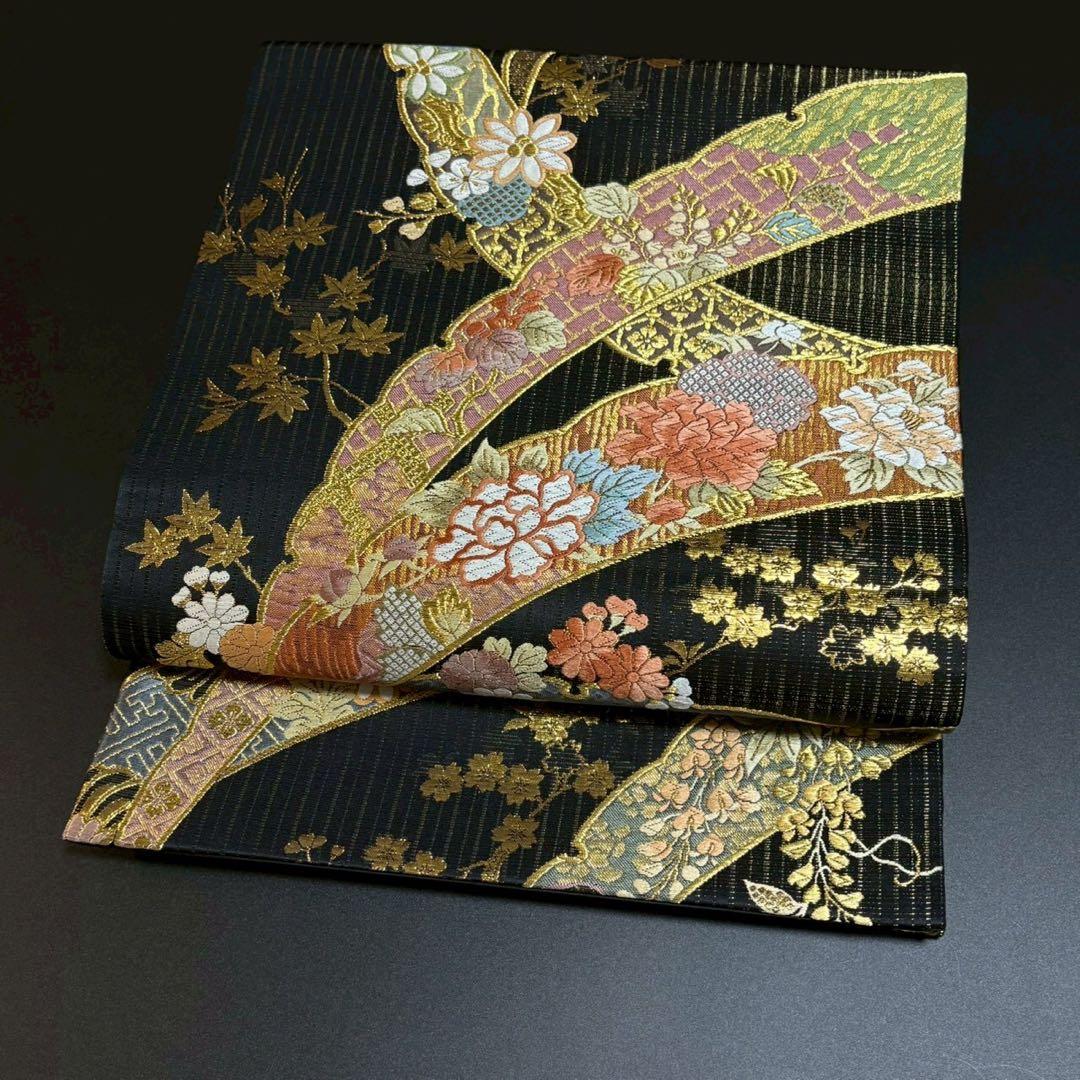 ［6157］袋帯 美品 寛文繍箔 露芝花 唐織 六通 正絹 着物 フォーマル 黒